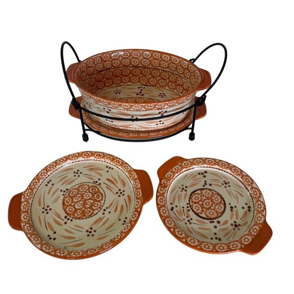 Casserole Trivet Dish 3 Plates Metal Stand 6pc Temptations by Tara Old World 2 - Picture 3 of 13